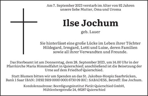 Traueranzeigen Von Ilse Jochum Saarbruecker Zeitung Trauer De