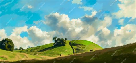 Premium AI Image | A painting of a hill with a blue sky and clouds