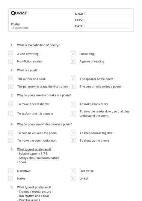 50 Poetry Worksheets For 3rd Grade On Quizizz Free And Printable