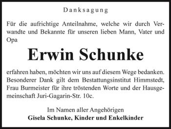 Traueranzeigen Von Erwin Schunke Abschied Nehmen De