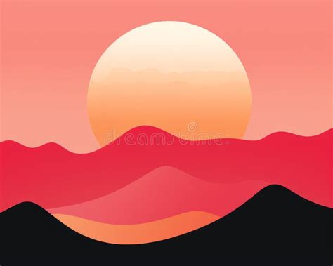 An Illustration Of The Sun Setting Over A Mountain Range Stock