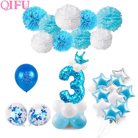 QIFU 3rd Birthday 3 Years Old Blue Boy Number Birthday Balloons Foil Helium Birthday Decoration ...