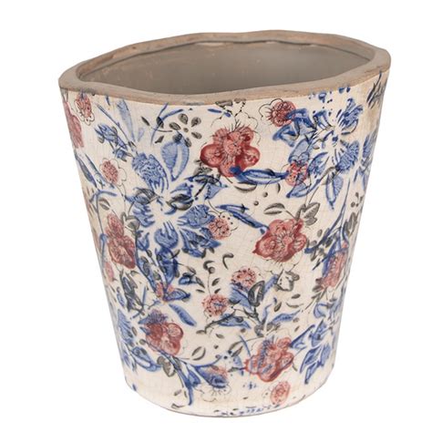 6CE1031M Bloempot Ø 18x17 cm Blauw Beige Keramiek Bloemen Rond Bloempot