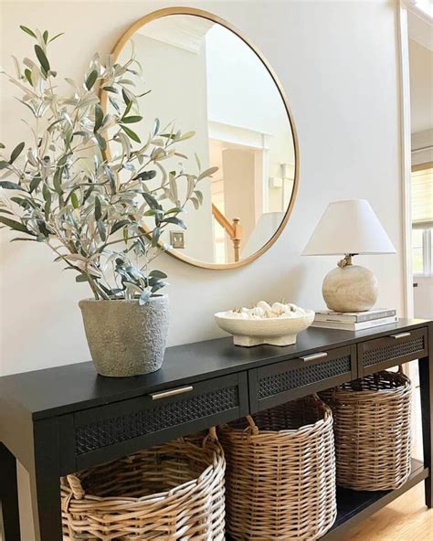 Contemporary Black Console Table With Woven Baskets - Soul & Lane