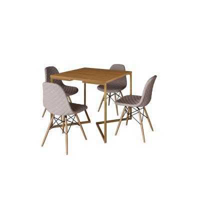 Mesa Jantar Industrial Base V Dourado cm Quadrada Canela C Cadeiras Madeira Estofada Nude Médio
