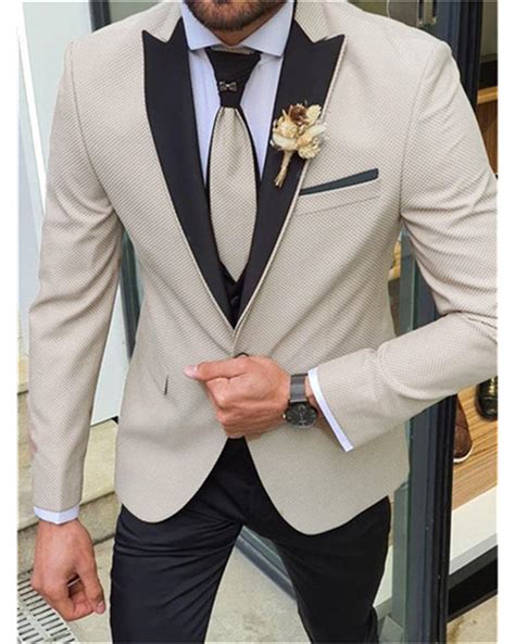 Slim Fit Beige Wedding Tuxedos With Black Satin Lapel Men Groom Suits Classbydress