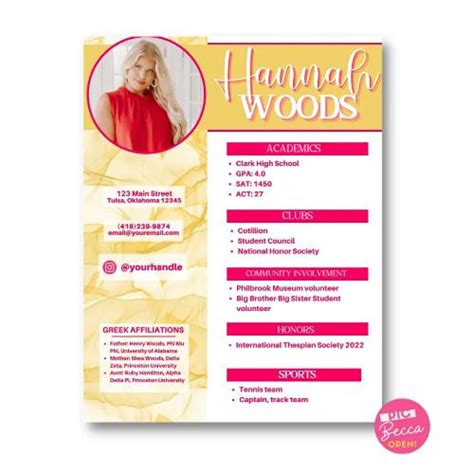 Sorority Resume Template Sorority Recruitment Sorority Rush Etsy