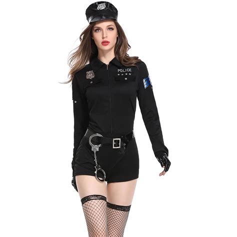 3 Pcs Halloween Policewoman Costumes Adult Ladies Long Sleeve Black Female Officer Cop Costume