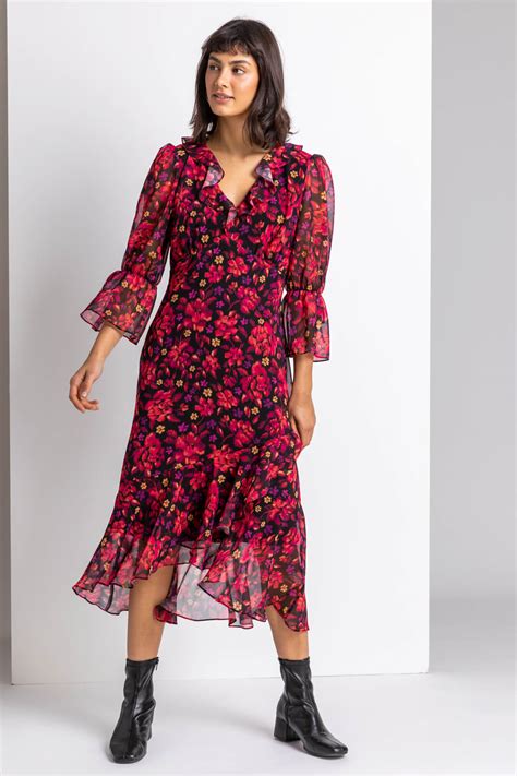 Floral Print Chiffon Frill Midi Dress In Red Roman Originals Uk