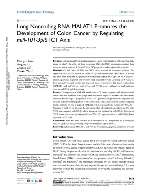 Pdf Long Noncoding Rna Malat Promotes The Development Of Colon