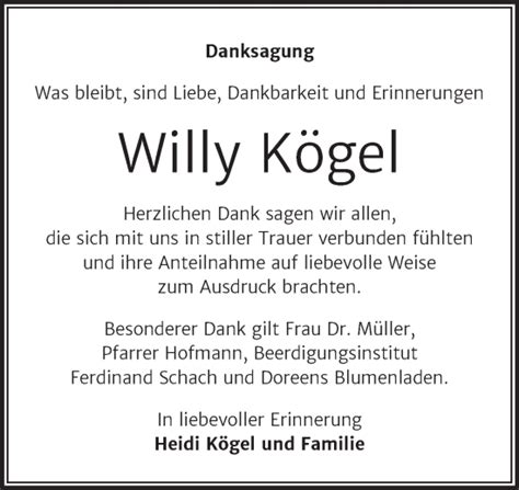 Traueranzeigen von Willy Kögel abschied nehmen de