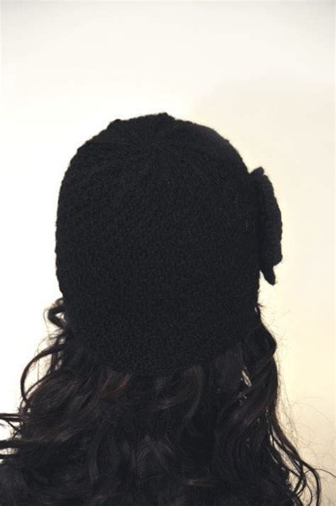 Hand Knit Beanie Hat With Crochet Flower Black Wool Hat Etsy