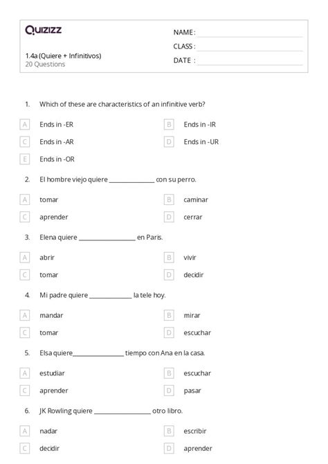 Infinitivos Hojas De Trabajo En Quizizz Gratis E Imprimible