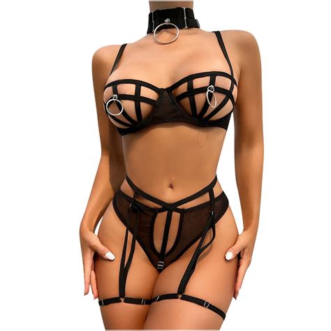 Wpawbk Women Lingerie Set With Garter Belts And Choker Lace Strappy Bra