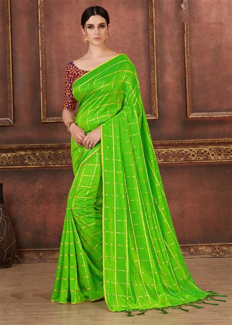 Parrot Green Embroidered Silk Blend Saree With Blouse Lilots 2827398