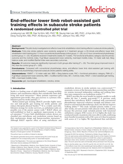 Pdf End Effector Lower Limb Robot Assisted Gait Training Effects In Subacute Stroke Patients