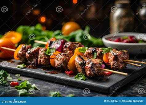 Brochetas De Carne A La Parrilla Saborean Kebab Con Verduras En Tablas