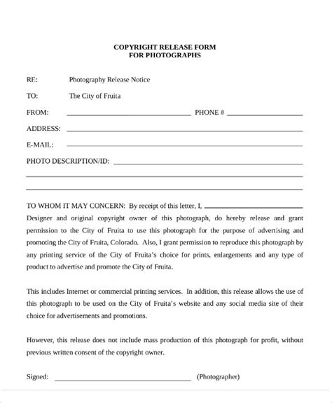 Free Sample Photography Copyright Release Forms In Ms Word Pdf