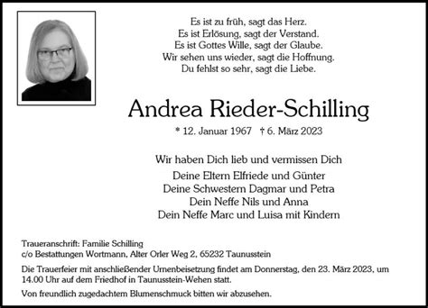 Traueranzeigen Von Andrea Rieder Schilling Vrm Trauer De