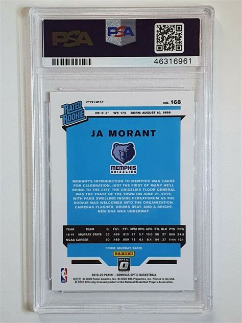 2019 Donruss Optic Ja Morant Rookie 168 BLUE VELOCITY Prizm PSA 9 EBay