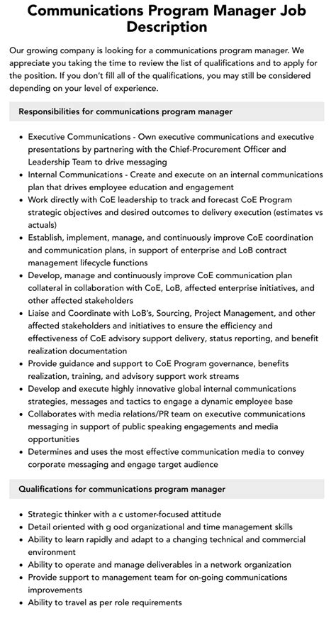 Communications Program Manager Job Description Velvet Jobs