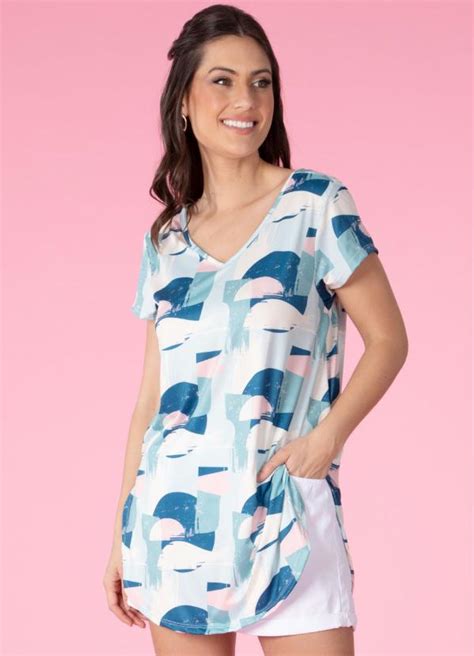 Blusa Alongada Abstrato Azul Decote V Quintess