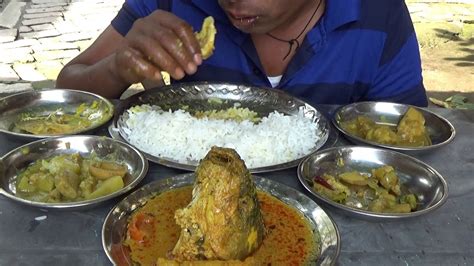 Eating Show Fish Head Curry With Rice Patal Bori Alu Sim Alu