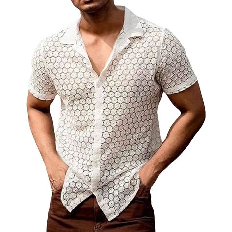 Adbfjaf Mens Shirts Casual Stylish Short Sleeve Male Lace Short Sleeved Shirt With Casual Button