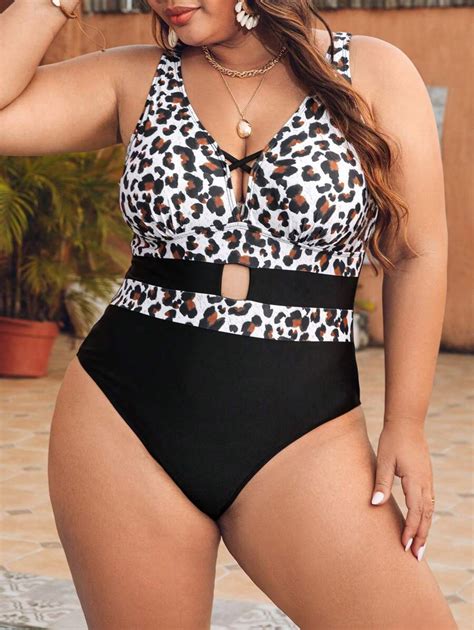 SHEIN Swim Curve Plus Size Leopard Print Contrast Color Cutout One