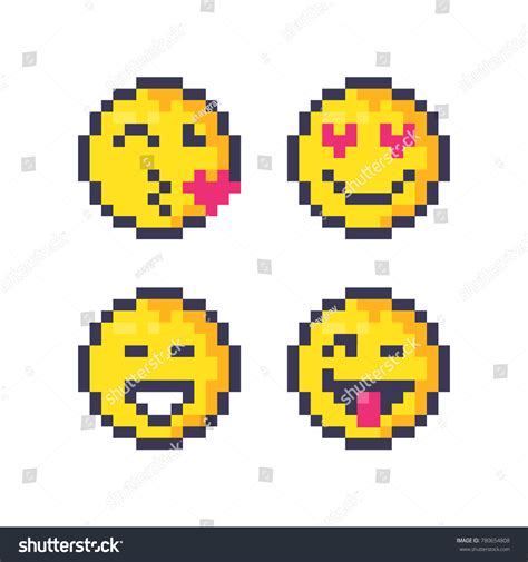 Cute Pixel Emoticons Set Emoji Smile Stock Vector Royalty Free