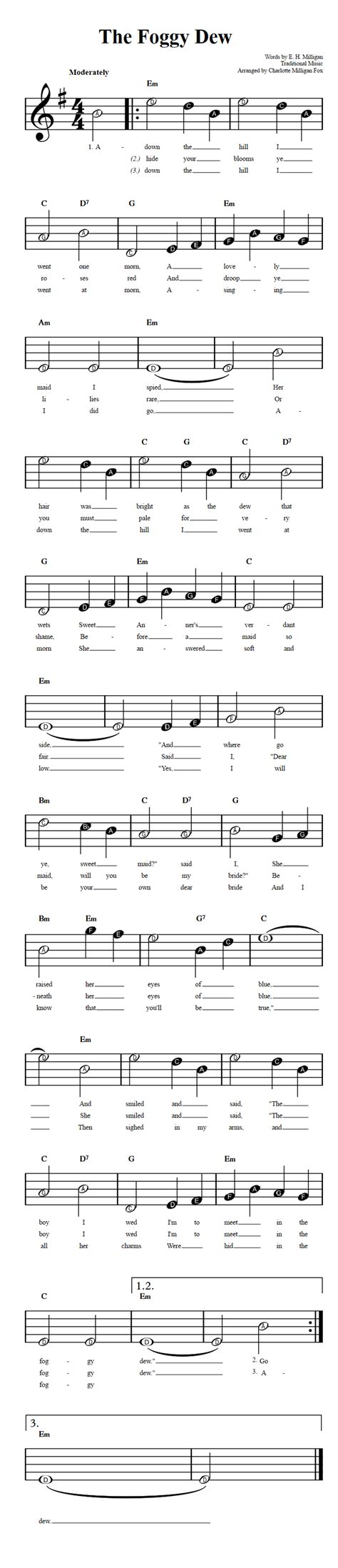 The Foggy Dew: Beginner Sheet Music with Chords and Lyrics