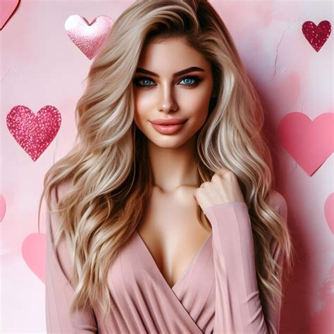 Portrait Of Beautiful Blonde Woman Model With Pink Background Wall And Hearts Premium AI