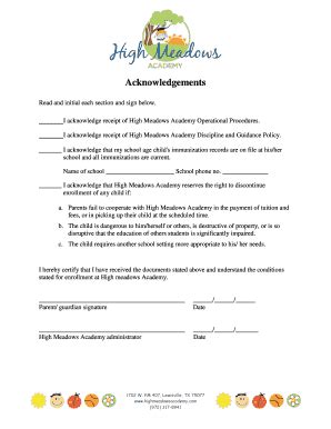 Fillable Online Acknowledgements HIGH MEADOWS ACADEMY Fax Email Print