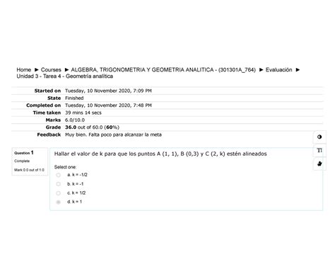 Unidad Tarea Geometr A Anal Tica Question Complete Mark