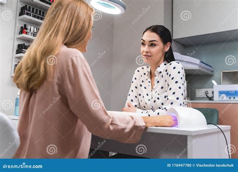 Relaxed Brunette Female Person Having Pleasant Conversation Stock Photo Image Of Women