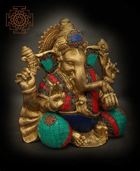 8 Four Armed Auspicious Lord Ganesha Brass Idol With Inlay Work