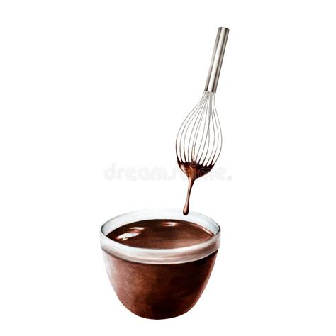 Silver Metal Whisk With Melted Liquid Chocolate Brown Glass Bowl Hand