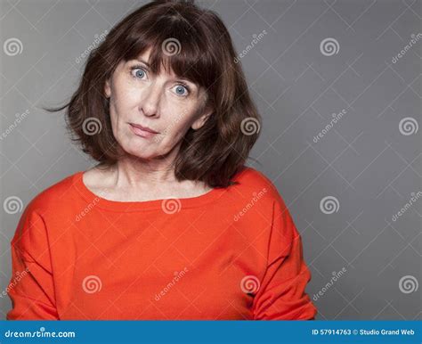 Staring Mature Woman Looking Under Shock For Winter Season Stock Image Image