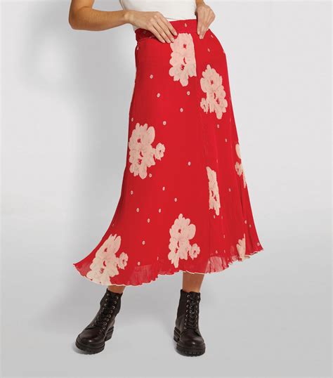 Ganni Red Pleated Floral Maxi Skirt Harrods Uk