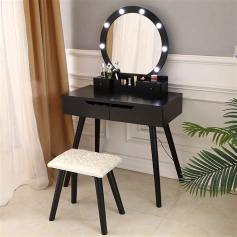 Ktaxon Vanity Set With Round Lighted Mirror Makeup Dressing Table With 8 Light Bulbs