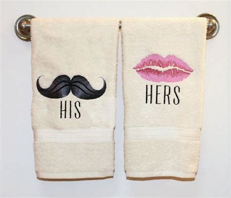 His And Hers Embroidered Towel Set ~ Mustache Lip Stick Hand Bath Set