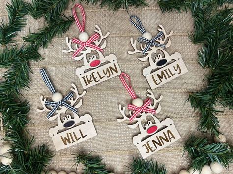 Christmas Ornaments With Name Tags And Reindeer Heads