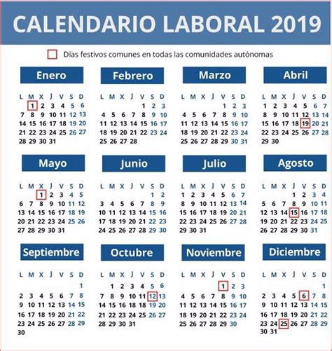 Calendario Laboral 2019 Calendarios Con Festivos Por Comunidad Para