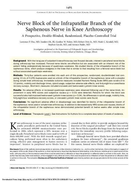 Pdf Nerve Block Of The Infrapatellar Branch Of The Saphenous Nerve In Knee Arthroscopy