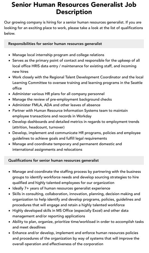 Senior Human Resources Generalist Job Description Velvet Jobs