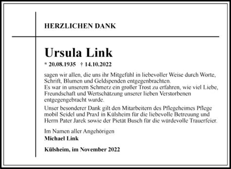 Traueranzeigen Von Ursula Link Trauerportal Ihrer Tageszeitung