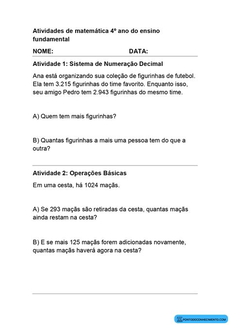 Atividades De Matemática Para O 1º Bimestre Do 4º Ano Do Ensino