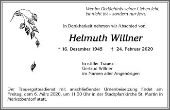 Traueranzeigen Von Helmuth Willner Allg Uer Zeitung