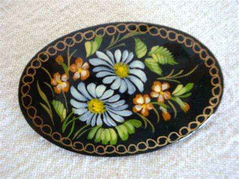 Russian Black Lacquer Floral Pin Hand Painted Russian Brooch Etsy