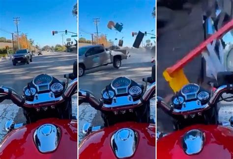 Vídeo aterrorizante mostra motoqueiro atropelado após colisão carro